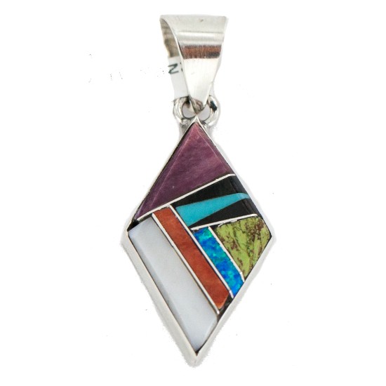 Navajo Rhombus Certified Authentic .925 Sterling Silver Natural Multicolor Real Handmade Native American Inlaid Pendant 24490-4 All Products NB160324215352 24490-4 (by LomaSiiva)