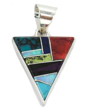 Navajo Triangle Certified Authentic .925 Sterling Silver Natural Multicolor Real Handmade Native American Inlaid Pendant 24491-4 Navajo Triangle Certified Authentic .925 Sterling Silver Natural Multicolor Real Handmade Native American Inlaid Pendant 24491-4