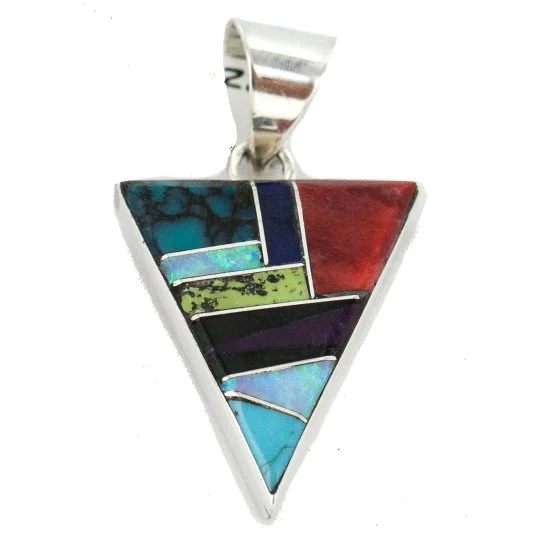 Navajo Triangle Certified Authentic .925 Sterling Silver Natural Multicolor Real Handmade Native American Inlaid Pendant 24491-4 Navajo Triangle Certified Authentic .925 Sterling Silver Natural Multicolor Real Handmade Native American Inlaid Pendant 24491-4