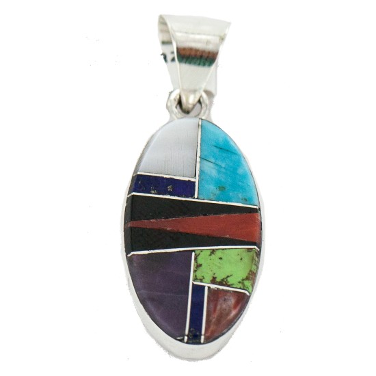 Oval Certified Authentic .925 Sterling Silver Navajo Natural Multicolor Real Handmade Native American Inlaid Pendant 24490-5 All Products NB160324215855 24490-5 (by LomaSiiva)