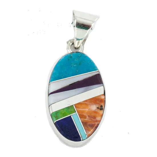 Oval Navajo Certified Authentic .925 Sterling Silver Natural Multicolor Real Handmade Native American Inlaid Pendant 24490-1 Oval Navajo Certified Authentic .925 Sterling Silver Natural Multicolor Real Handmade Native American Inlaid Pendant 24490-1