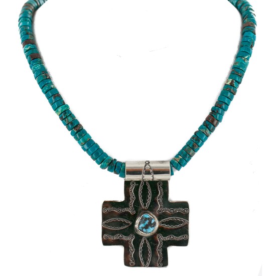 Cross .925 Sterling Silver Nickel Handmade Certified Authentic Navajo Natural Turquoise Native American Necklace 18224-5-18209 Cross .925 Sterling Silver Nickel Handmade Certified Authentic Navajo Natural Turquoise Native American Necklace 18224-5-18209