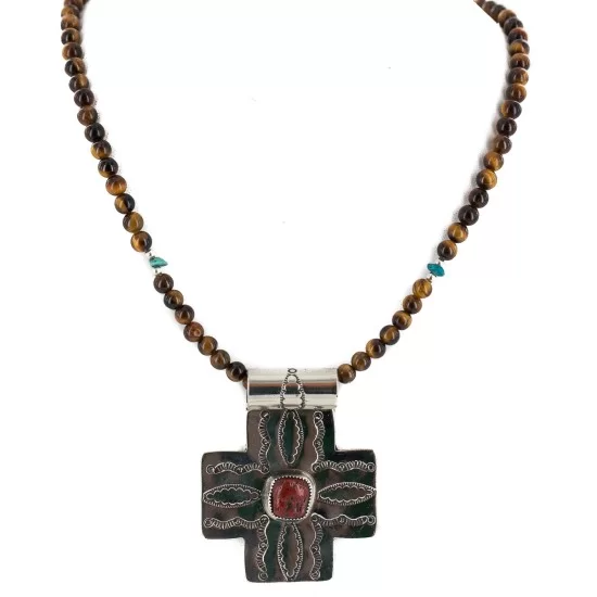 Cross .925 Sterling Silver Nickel Handmade Certified Authentic Navajo Natural Turquoise Tigers Eye Coral Native American Necklace 18224-2-15786-101 Cross .925 Sterling Silver Nickel Handmade Certified Authentic Navajo Natural Turquoise Tigers Eye Coral Native American Necklace 18224-2-15786-101