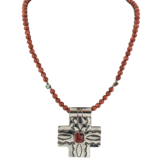 Cross .925 Sterling Silver Nickel Handmade Certified Authentic Navajo Natural Turquoise Goldstone Coral Native American Necklace 18224-3-15786 Cross .925 Sterling Silver Nickel Handmade Certified Authentic Navajo Natural Turquoise Goldstone Coral Native American Necklace 18224-3-15786