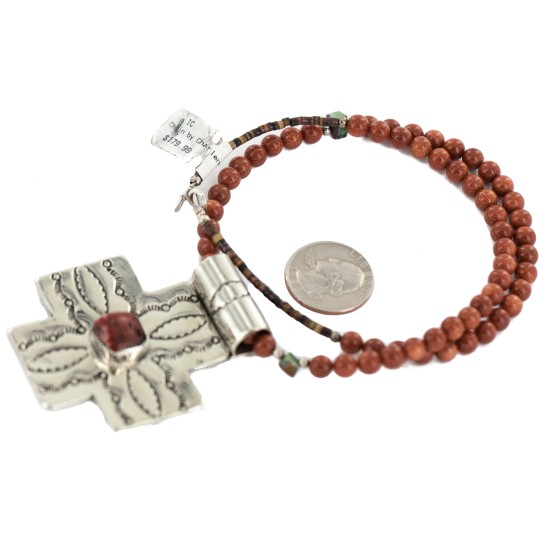 Cross .925 Sterling Silver Nickel Handmade Certified Authentic Navajo Natural Turquoise Goldstone Coral Native American Necklace 18224-3-15786 Cross .925 Sterling Silver Nickel Handmade Certified Authentic Navajo Natural Turquoise Goldstone Coral Native American Necklace 18224-3-15786
