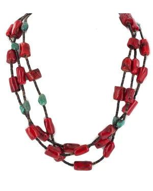 Certified Authentic 3 Strand Navajo .925 Sterling Silver Coral and Natural Turquoise Native American Necklace 25336 Certified Authentic 3 Strand Navajo .925 Sterling Silver Coral and Natural Turquoise Native American Necklace 25336