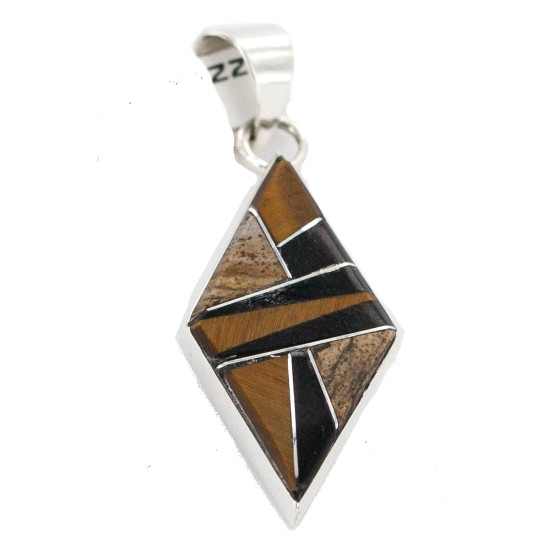 Certified Authentic .925 Sterling Silver Navajo Natural Black Onyx Tigers Eye Jasper Rhombus Real Handmade Native American Inlaid Pendant 24490-7 All Products NB160330200501 24490-7 (by LomaSiiva)