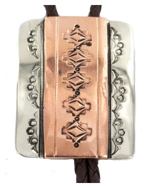 Certified Authentic Handmade Leather Navajo Pure Copper and Nickel Native American Bolo Tie 24489-6 Certified Authentic Handmade Leather Navajo Pure Copper and Nickel Native American Bolo Tie 24489-6