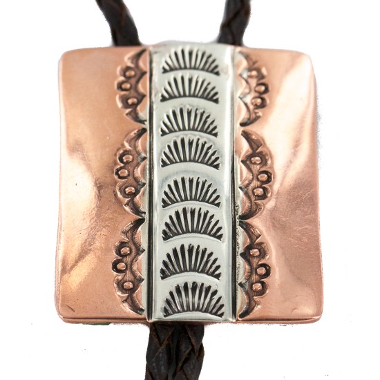 Certified Authentic Handmade Navajo Leather Pure Copper and Nickel Native American Bolo Tie 24489-3
