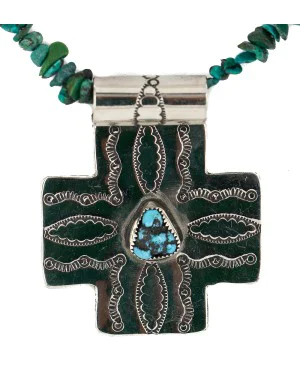 Cross .925 Sterling Silver Nickel Handmade Certified Authentic Navajo Natural Turquoise Coral Native American Necklace 18224-6-15917-15