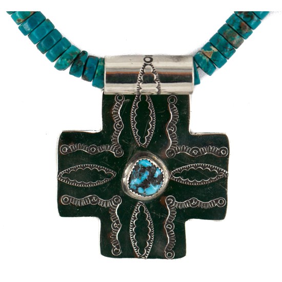 Cross .925 Sterling Silver Nickel Handmade Certified Authentic Navajo Natural Turquoise Native American Necklace 18224-5-18209 Cross .925 Sterling Silver Nickel Handmade Certified Authentic Navajo Natural Turquoise Native American Necklace 18224-5-18209