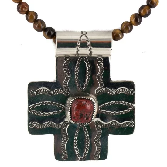 Cross .925 Sterling Silver Nickel Handmade Certified Authentic Navajo Natural Turquoise Tigers Eye Coral Native American Necklace 18224-2-15786-101 Cross .925 Sterling Silver Nickel Handmade Certified Authentic Navajo Natural Turquoise Tigers Eye Coral Native American Necklace 18224-2-15786-101