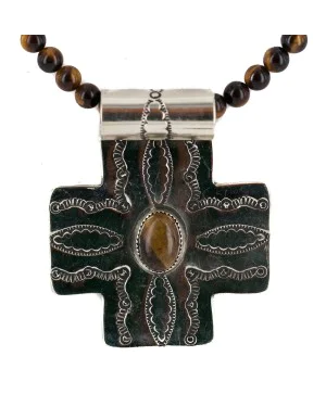 Cross .925 Sterling Silver Nickel Handmade Certified Authentic Navajo Natural Turquoise Tigers Eye Native American Necklace 18225-15786-101 Cross .925 Sterling Silver Nickel Handmade Certified Authentic Navajo Natural Turquoise Tigers Eye Native American Necklace 18225-15786-101