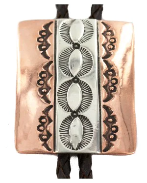 Handmade Certified Authentic Leather Navajo Pure Copper and Nickel Native American Bolo Tie 24489-4 Handmade Certified Authentic Leather Navajo Pure Copper and Nickel Native American Bolo Tie 24489-4
