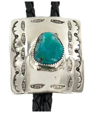 Handmade Navajo Leather Nickel Natural Turquoise Bolo Tie 24488-2 Handmade Navajo Leather Nickel Natural Turquoise Bolo Tie 24488-2