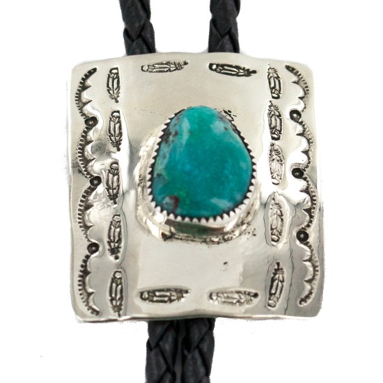 Handmade Certified Authentic Navajo Leather Nickel Natural Turquoise Native American Bolo Tie 24488-2