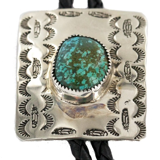 Handmade Certified Authentic Navajo Leather Nickel Natural Turquoise Native American Bolo Tie 24488-3