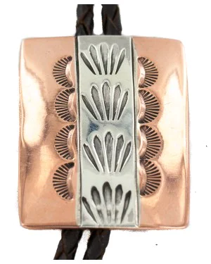 Handmade Navajo Leather Bolo Tie with Copper and Nickel 24489-5 Handmade Navajo Leather Bolo Tie with Copper and Nickel 24489-5