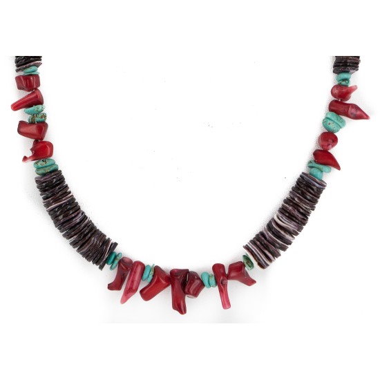 Navajo .925 Sterling Silver Certified Authentic Natural Turquoise Graduated Heishi Coral Native American Necklace 18240-2 Navajo .925 Sterling Silver Certified Authentic Natural Turquoise Graduated Heishi Coral Native American Necklace 18240-2