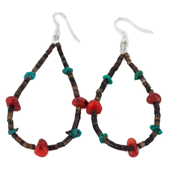Authentic Navajo Sterling Silver & Natural Turquoise Dangle Hoop Earrings - Handmade Native American Jewelry