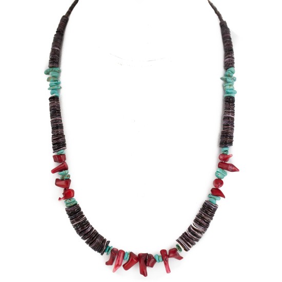 Navajo .925 Sterling Silver Certified Authentic Natural Turquoise Graduated Heishi Coral Native American Necklace 18240-2 Navajo .925 Sterling Silver Certified Authentic Natural Turquoise Graduated Heishi Coral Native American Necklace 18240-2