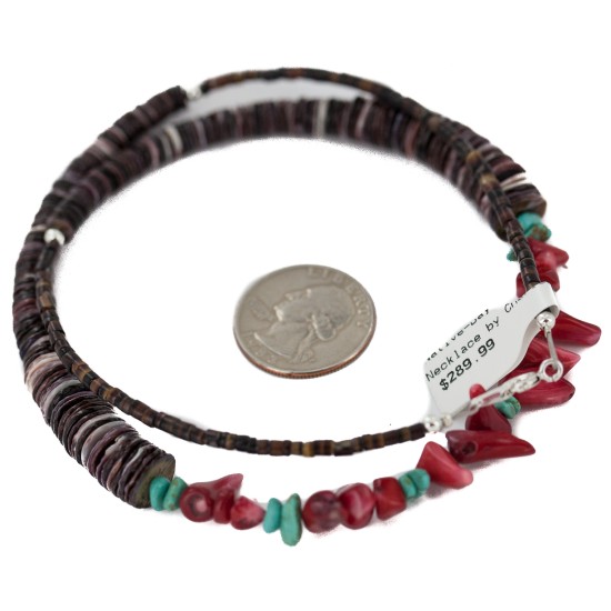 Navajo .925 Sterling Silver Certified Authentic Natural Turquoise Graduated Heishi Coral Native American Necklace 750206 Navajo .925 Sterling Silver Certified Authentic Natural Turquoise Graduated Heishi Coral Native American Necklace 750206