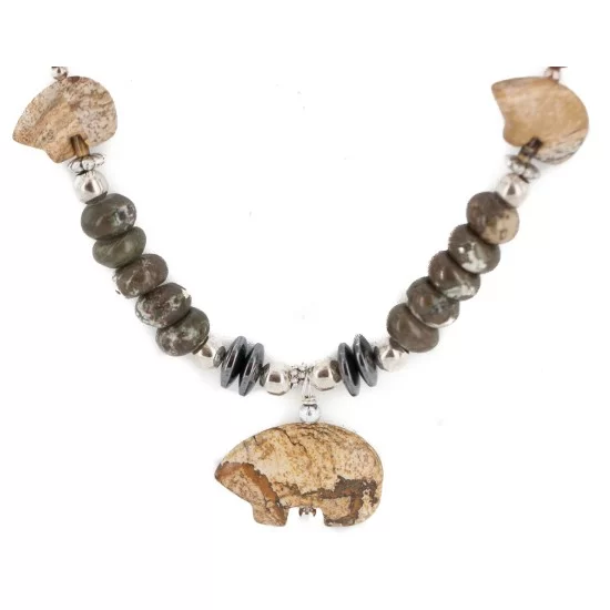 Carved Fetish Bear .925 Sterling Silver Certified Authentic Navajo Natural White Green and Red Jasper Hematite Native American Necklace 750209-7 Carved Fetish Bear .925 Sterling Silver Certified Authentic Navajo Natural White Green and Red Jasper Hematite Native American Necklace 750209-7
