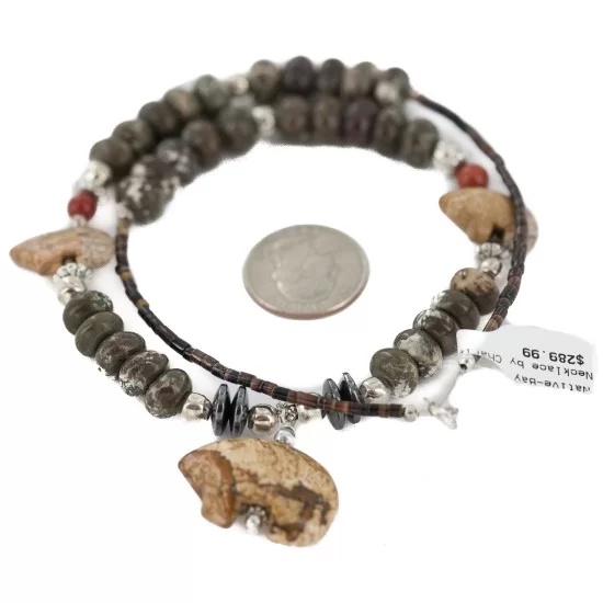 Carved Fetish Bear .925 Sterling Silver Certified Authentic Navajo Natural White Green and Red Jasper Hematite Native American Necklace 750209-7 Carved Fetish Bear .925 Sterling Silver Certified Authentic Navajo Natural White Green and Red Jasper Hematite Native American Necklace 750209-7