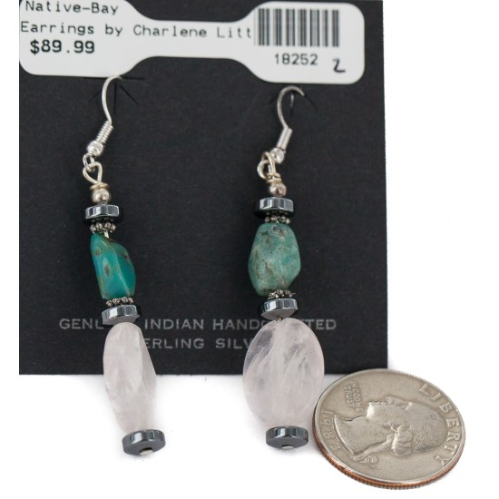 Navajo .925 Sterling Silver Hooks Certified Authentic Natural Turquoise Pink Quartz Hematite Native American Dangle Earrings 18252-2