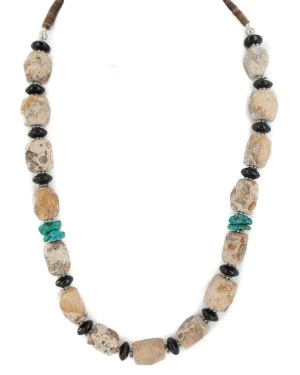 .925 Sterling Silver Certified Authentic Navajo Natural Turquoise Jasper Black Onyx Native American Necklace 750209-5