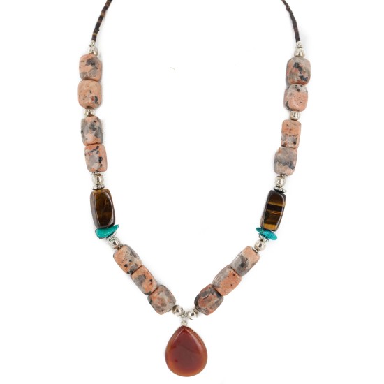 .925 Sterling Silver Certified Authentic Navajo Natural Turquoise Jasper Tigers Eye Native American Necklace 750209-9