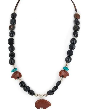 Carved Fetish Bear .925 Sterling Silver Certified Authentic Navajo Natural Turquoise Goldstone Agate Native American Necklace 750207-3