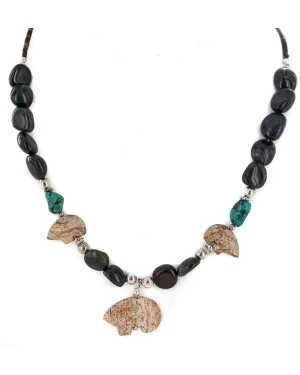 Carved Fetish Bear .925 Sterling Silver Certified Authentic Navajo Natural Turquoise Jasper Agate Native American Necklace 750207-2