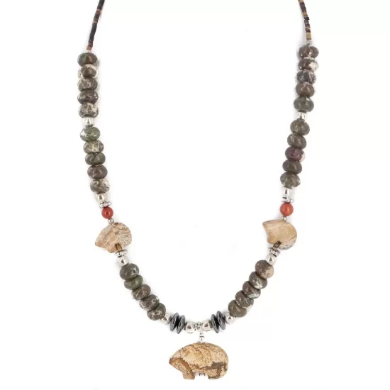 Carved Fetish Bear .925 Sterling Silver Certified Authentic Navajo Natural White Green and Red Jasper Hematite Native American Necklace 750209-7 Carved Fetish Bear .925 Sterling Silver Certified Authentic Navajo Natural White Green and Red Jasper Hematite Native American Necklace 750209-7