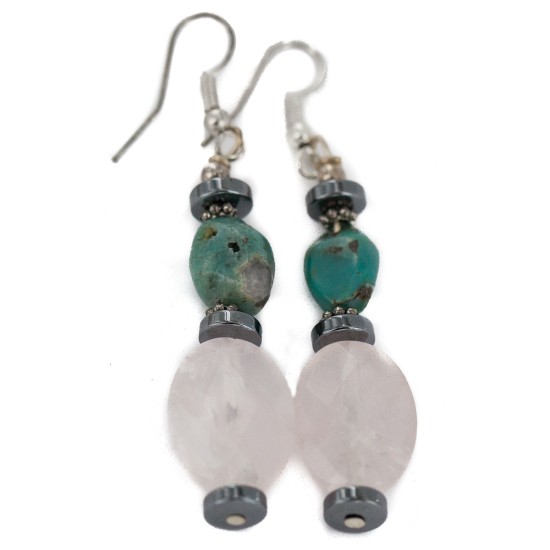 Navajo .925 Sterling Silver Hooks Certified Authentic Natural Turquoise Pink Quartz Hematite Native American Dangle Earrings 18252-2