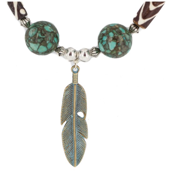 .925 Sterling Silver Feather Certified Authentic Navajo Wood Native American Necklace 18256