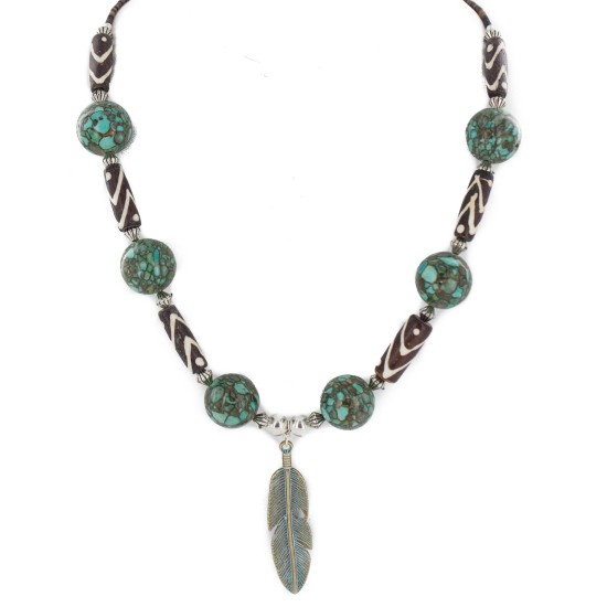 .925 Sterling Silver Feather Certified Authentic Navajo Wood Native American Necklace 18256