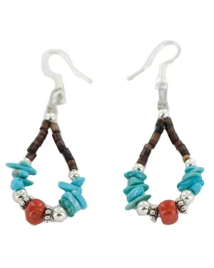 Certified Authentic .925 Sterling Silver Hooks Coral Natural Turquoise Heishi Hoop Native American Dangle Earrings 18263-20 Certified Authentic .925 Sterling Silver Hooks Coral Natural Turquoise Heishi Hoop Native American Dangle Earrings 18263-20