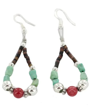 Certified Authentic .925 Sterling Silver Hooks Natural Turquoise Coral Heishi Hoop Navajo Native American Dangle Earrings 18263-40