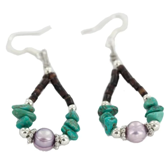 Certified Authentic .925 Sterling Silver Hooks Natural Turquoise Mother of Pearl Heishi Hoop Native American Dangle Earrings 18263-11