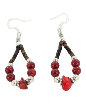 Certified Authentic Navajo .925 Sterling Silver Hooks Coral Heishi Hoop Native American Dangle Earrings 18263-33