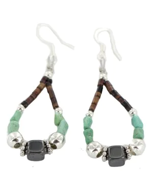 Certified Authentic Navajo .925 Sterling Silver Hooks Natural Turquoise Hematite Heishi Hoop Native American Dangle Earrings 18263-39