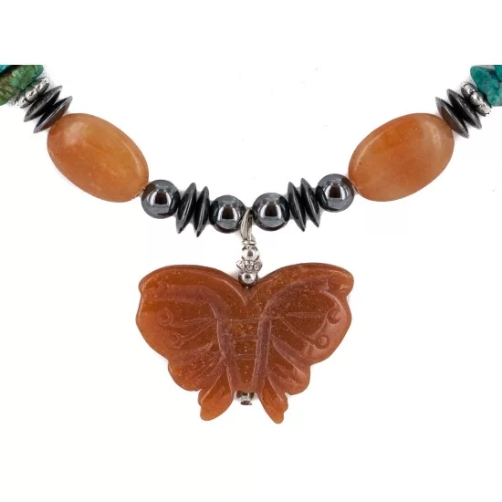.925 Sterling Silver Butterfly Certified Authentic Navajo Natural Turquoise Agate Hematite Native American Necklace 750209-2 .925 Sterling Silver Butterfly Certified Authentic Navajo Natural Turquoise Agate Hematite Native American Necklace 750209-2