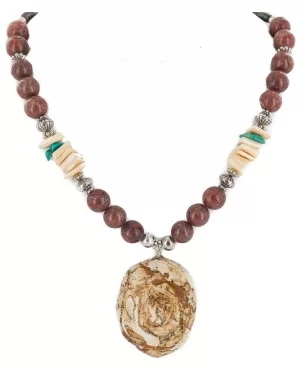 Flower .925 Sterling Silver Certified Authentic Navajo Natural Turquoise Jasper Graduated Melon Shell Native American Necklace 750208-6