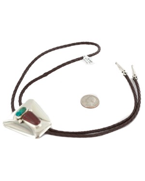 Handmade Navajo Leather Nickel Natural Turquoise Coral Bolo Tie NB160423001156