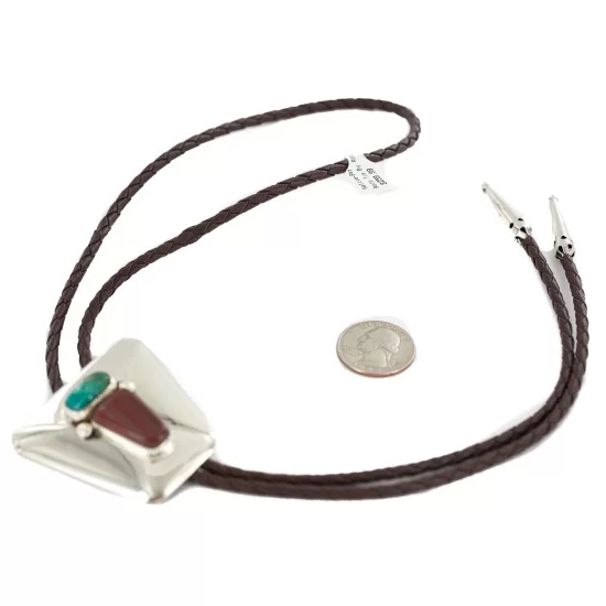 Handmade Navajo Leather Nickel Natural Turquoise Coral Bolo Tie NB160423001156 Handmade Navajo Leather Nickel Natural Turquoise Coral Bolo Tie NB160423001156
