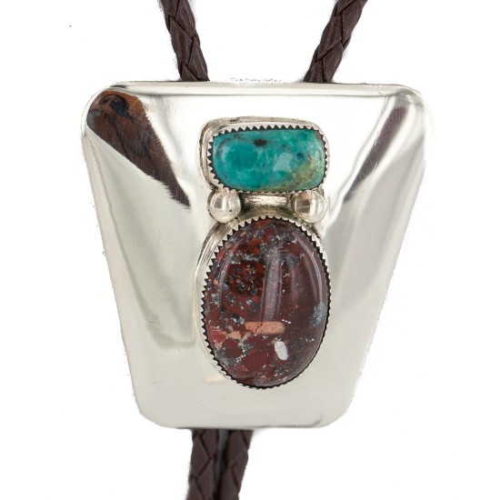 Handmade Certified Authentic Navajo Leather Nickel Natural Turquoise Red Jasper Native American Bolo Tie 24509-1 All Products NB160423001656 24509-1 (by LomaSiiva)