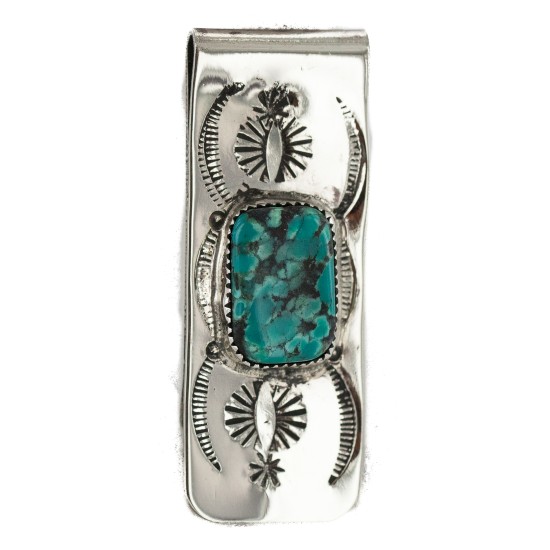Navajo Handmade Certified Authentic .925 Sterling Silver Natural Spiderweb Turquoise Native American Nickel Money Clip 11270