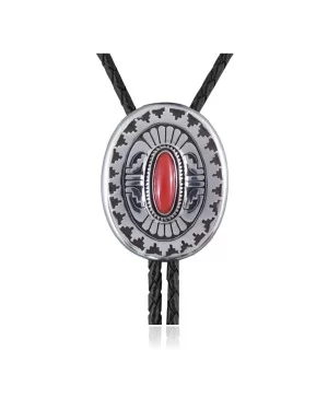 Feather .925 Sterling Silver Certified Authentic Handmade Navajo Native American Coral Bolo Tie 34103