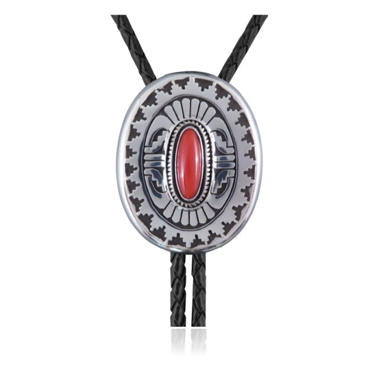 Feather .925 Sterling Silver Certified Authentic Handmade Navajo Native American Coral Bolo Tie 34103
